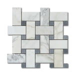 Calacatta Gold Marble Polished Large Basketweave Mosaic Tile w/ Blue-Gray Dots Calacatta Gold Marble Polished Large Basketweave Mosaic Tile w/ Blue-Gray Dots - American Tile Depot
