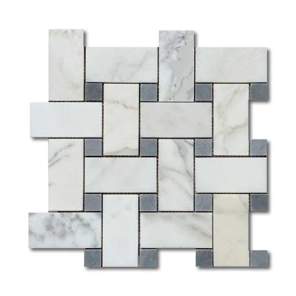 Calacatta Gold Marble Polished Large Basketweave Mosaic Tile w/ Blue-Gray Dots Calacatta Gold Marble Polished Large Basketweave Mosaic Tile w/ Blue-Gray Dots - American Tile Depot