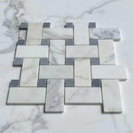 Calacatta Gold Marble Polished Large Basketweave Mosaic Tile w/ Blue-Gray Dots Calacatta Gold Marble Polished Large Basketweave Mosaic Tile w/ Blue-Gray Dots - American Tile Depot