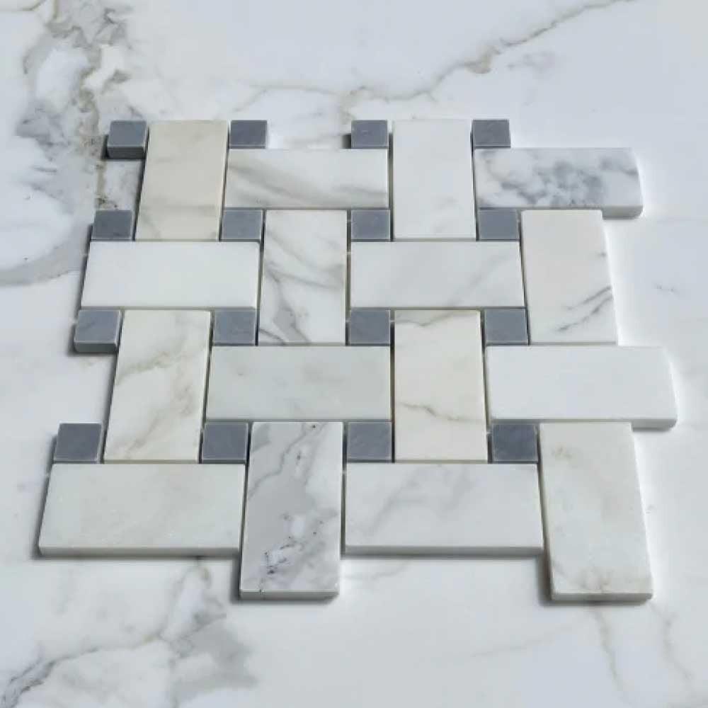 Calacatta Gold Marble Polished Large Basketweave Mosaic Tile w/ Blue-Gray Dots Calacatta Gold Marble Polished Large Basketweave Mosaic Tile w/ Blue-Gray Dots - American Tile Depot