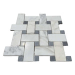 Calacatta Gold Marble Polished Large Basketweave Mosaic Tile w/ Blue-Gray Dots Calacatta Gold Marble Polished Large Basketweave Mosaic Tile w/ Blue-Gray Dots - American Tile Depot