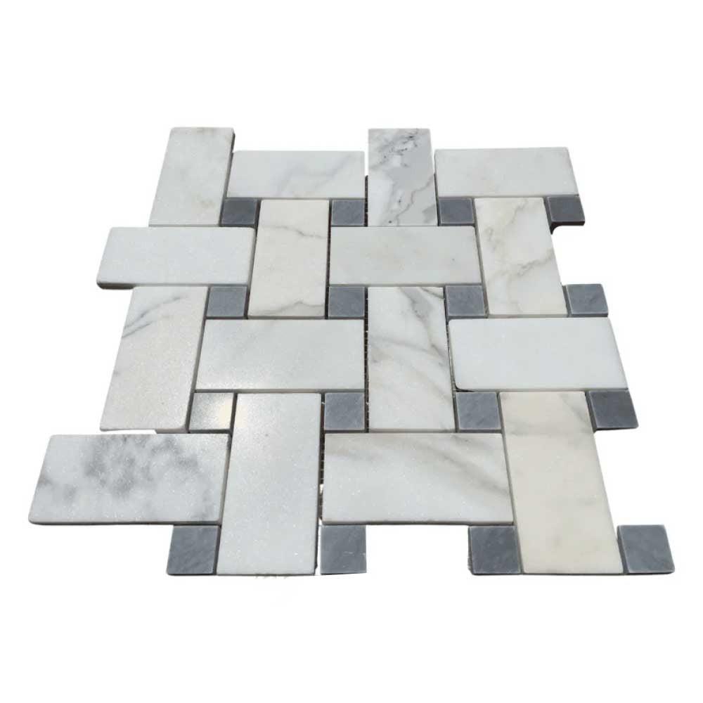 Calacatta Gold Marble Polished Large Basketweave Mosaic Tile w/ Blue-Gray Dots Calacatta Gold Marble Polished Large Basketweave Mosaic Tile w/ Blue-Gray Dots - American Tile Depot
