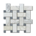 Calacatta Gold Marble Polished Large Basketweave Mosaic Tile w/ Blue-Gray Dots Calacatta Gold Marble Polished Large Basketweave Mosaic Tile w/ Blue-Gray Dots - American Tile Depot