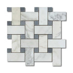 Calacatta Gold Marble Polished Large Basketweave Mosaic Tile w/ Blue-Gray Dots Calacatta Gold Marble Polished Large Basketweave Mosaic Tile w/ Blue-Gray Dots - American Tile Depot