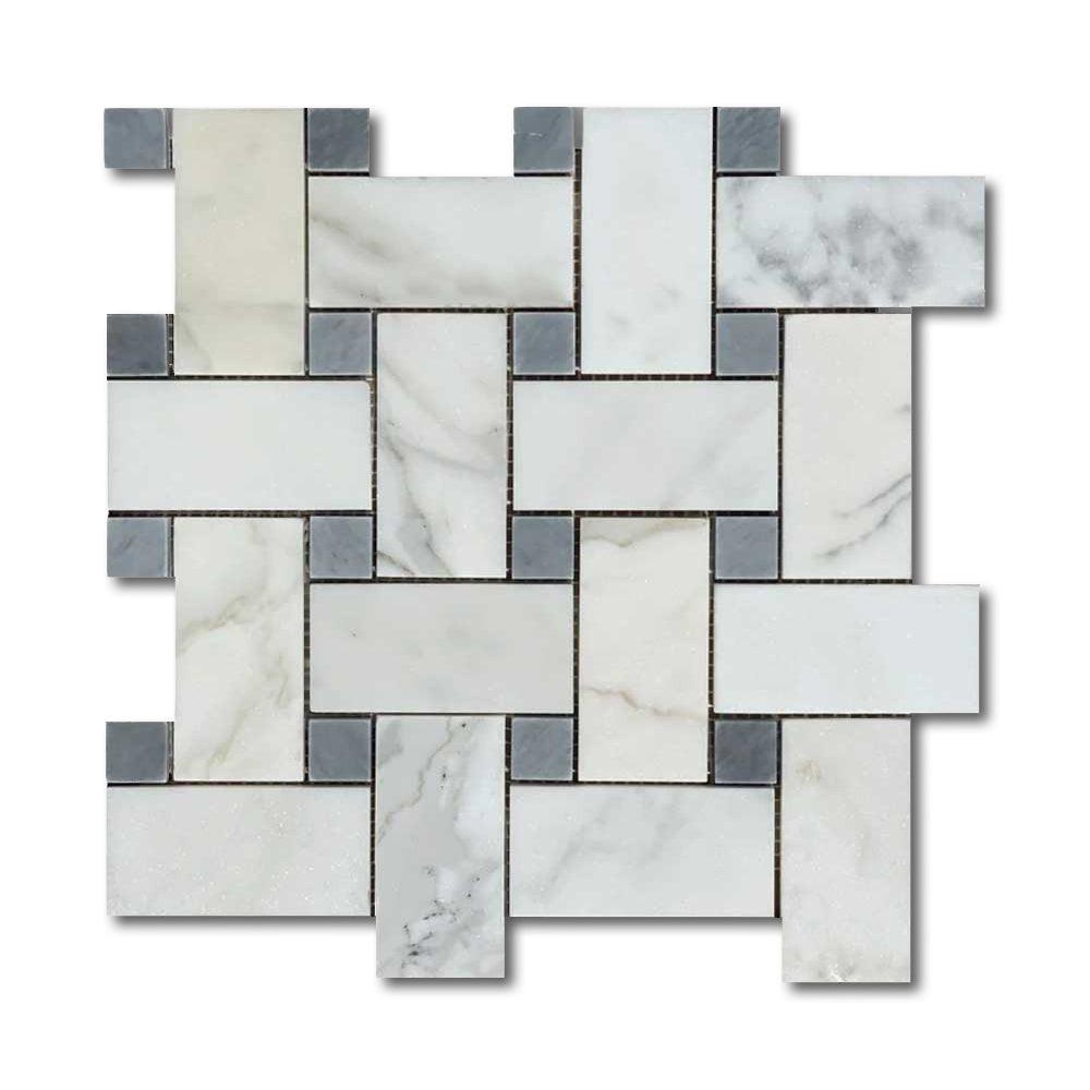 Calacatta Gold Marble Polished Large Basketweave Mosaic Tile w/ Blue-Gray Dots Calacatta Gold Marble Polished Large Basketweave Mosaic Tile w/ Blue-Gray Dots - American Tile Depot