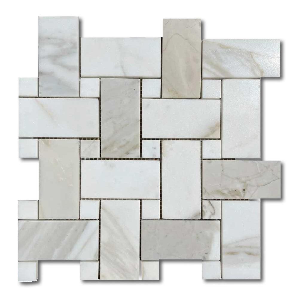 Calacatta Gold Marble Polished Large Basketweave Mosaic Tile w/ Calacatta Gold Dots Calacatta Gold Marble Polished Large Basketweave Mosaic Tile w/ Calacatta Gold Dots - American Tile Depot
