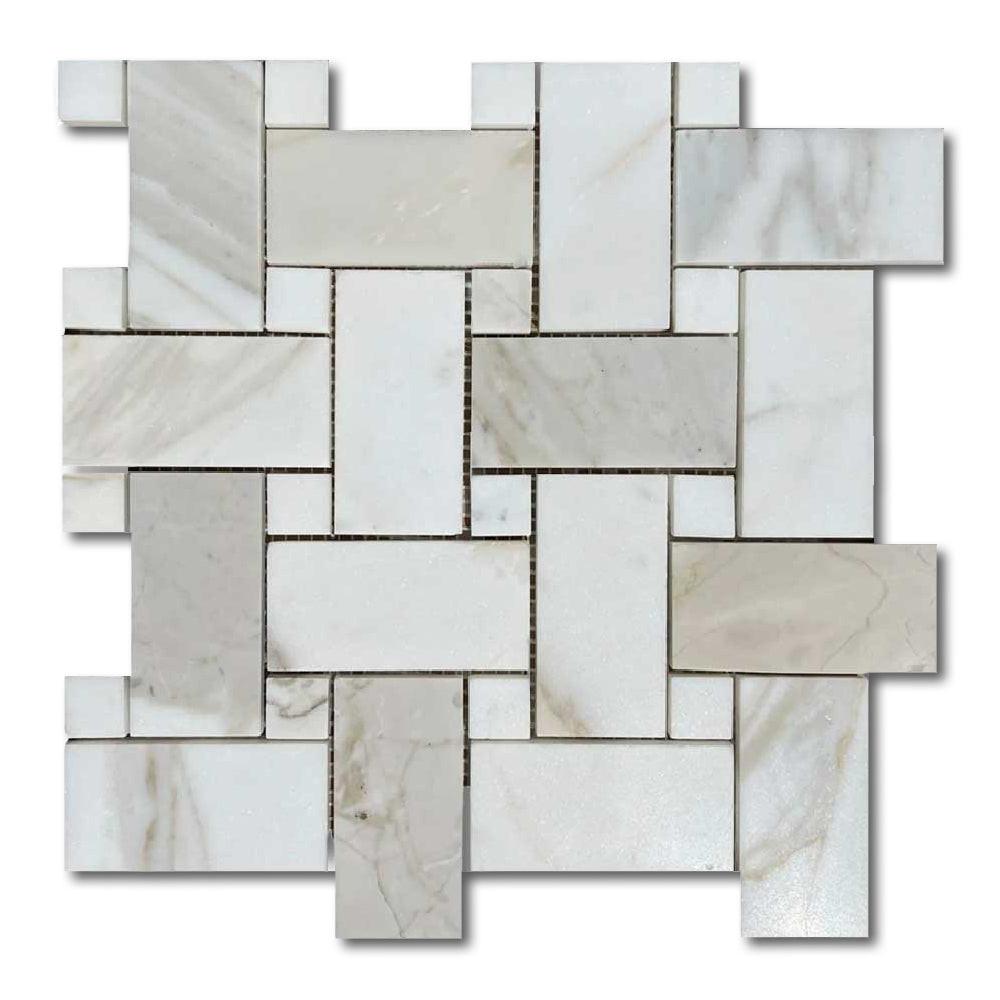 Calacatta Gold Marble Polished Large Basketweave Mosaic Tile w/ Calacatta Gold Dots Calacatta Gold Marble Polished Large Basketweave Mosaic Tile w/ Calacatta Gold Dots - American Tile Depot