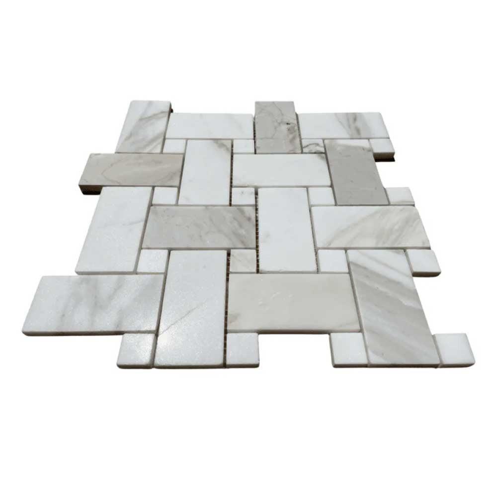 Calacatta Gold Marble Polished Large Basketweave Mosaic Tile w/ Calacatta Gold Dots Calacatta Gold Marble Polished Large Basketweave Mosaic Tile w/ Calacatta Gold Dots - American Tile Depot