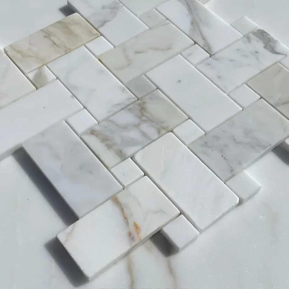 Calacatta Gold Marble Polished Large Basketweave Mosaic Tile w/ Calacatta Gold Dots Calacatta Gold Marble Polished Large Basketweave Mosaic Tile w/ Calacatta Gold Dots - American Tile Depot