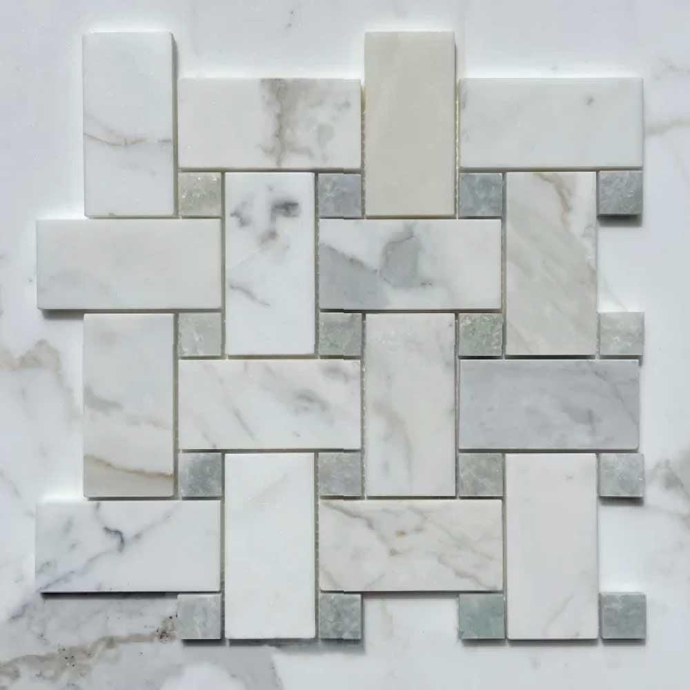 Calacatta Gold Marble Polished Large Basketweave Mosaic Tile w/ Ming Green Dots Calacatta Gold Marble Polished Large Basketweave Mosaic Tile w/ Ming Green Dots - American Tile Depot