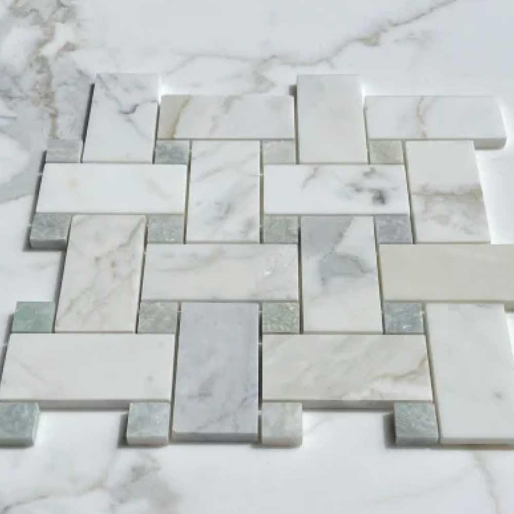 Calacatta Gold Marble Polished Large Basketweave Mosaic Tile w/ Ming Green Dots Calacatta Gold Marble Polished Large Basketweave Mosaic Tile w/ Ming Green Dots - American Tile Depot