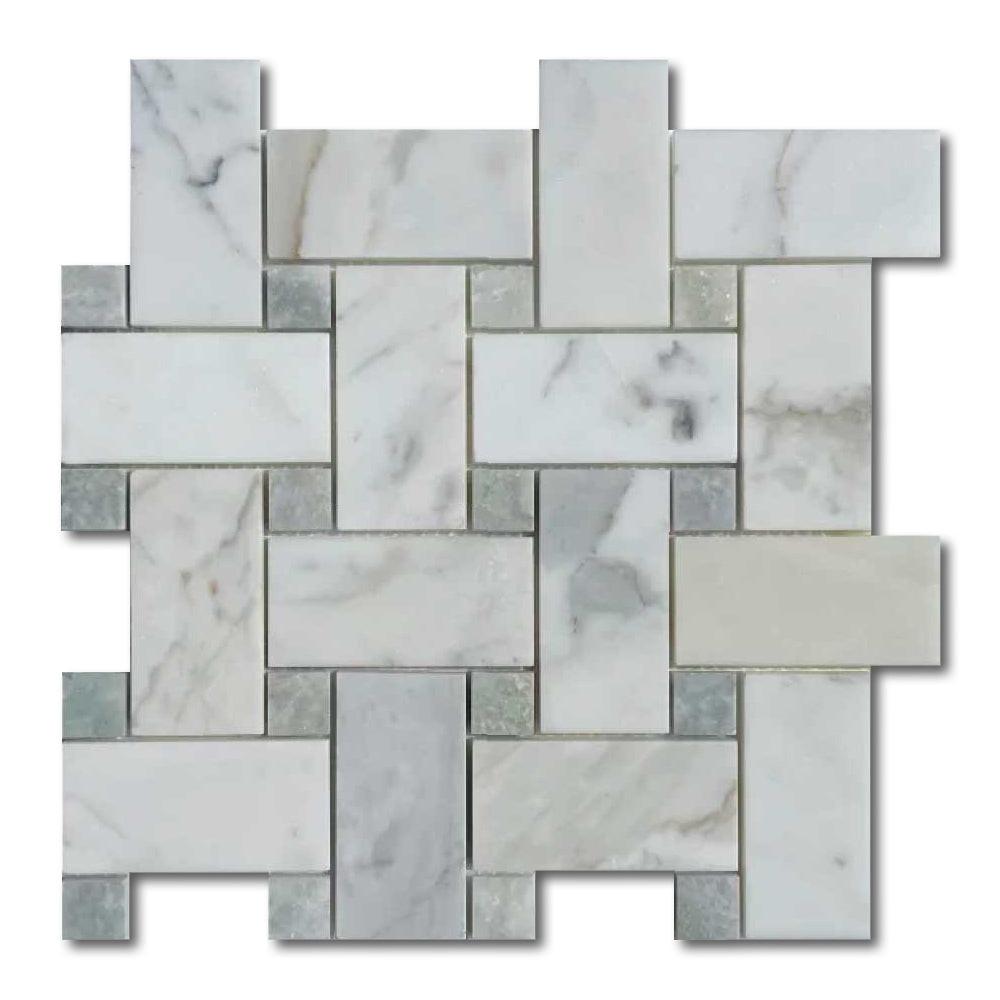 Calacatta Gold Marble Polished Large Basketweave Mosaic Tile w/ Ming Green Dots Calacatta Gold Marble Polished Large Basketweave Mosaic Tile w/ Ming Green Dots - American Tile Depot