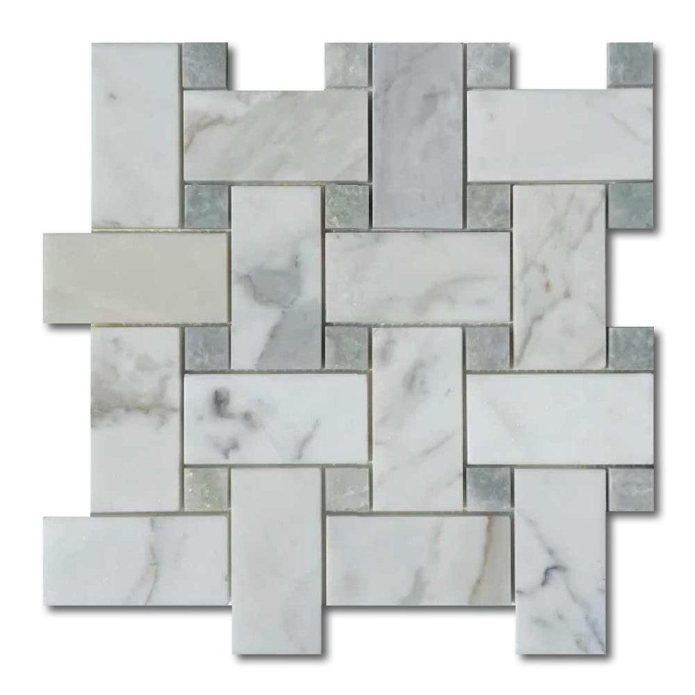 Calacatta Gold Marble Polished Large Basketweave Mosaic Tile w/ Ming Green Dots Calacatta Gold Marble Polished Large Basketweave Mosaic Tile w/ Ming Green Dots - American Tile Depot