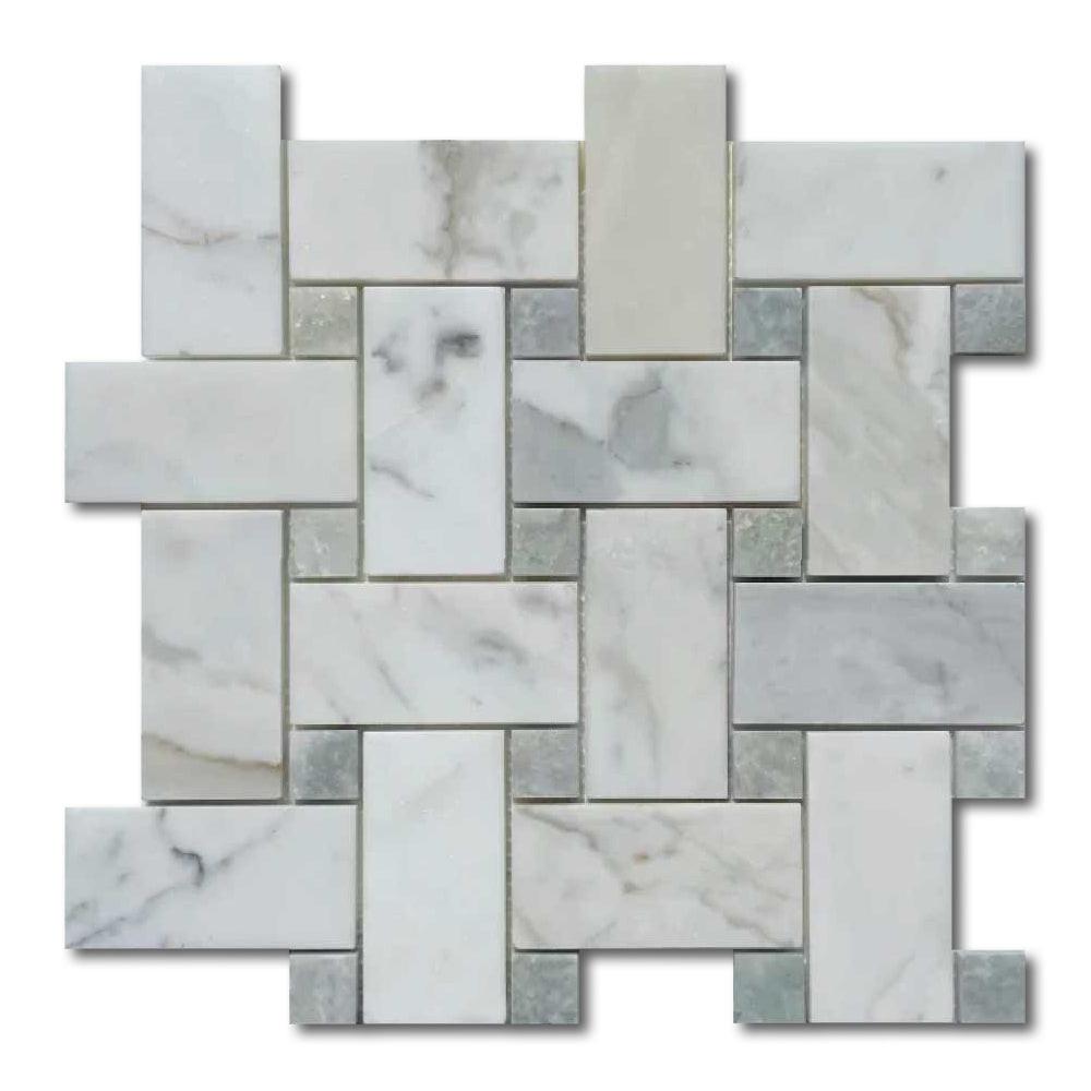 Calacatta Gold Marble Polished Large Basketweave Mosaic Tile w/ Ming Green Dots Calacatta Gold Marble Polished Large Basketweave Mosaic Tile w/ Ming Green Dots - American Tile Depot