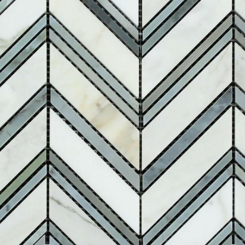 Calacatta Gold Marble Polished Large Chevron Mosaic Tile w/ Blue-Gray Marble Strips Calacatta Gold Marble Polished Large Chevron Mosaic Tile w/ Blue-Gray Marble Strips - American Tile Depot