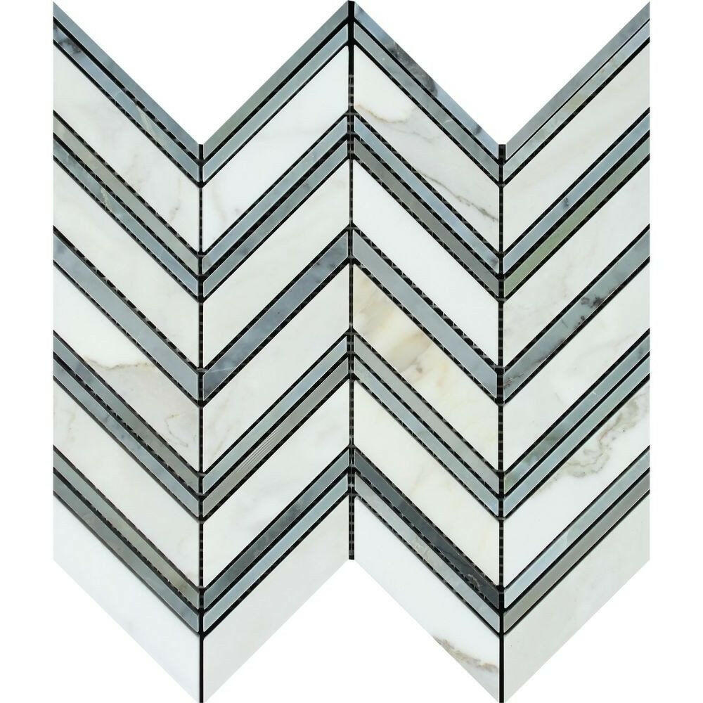 Calacatta Gold Marble Polished Large Chevron Mosaic Tile w/ Blue-Gray Marble Strips Calacatta Gold Marble Polished Large Chevron Mosaic Tile w/ Blue-Gray Marble Strips - American Tile Depot
