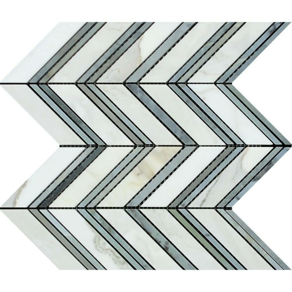Calacatta Gold Marble Polished Large Chevron Mosaic Tile w/ Blue-Gray Marble Strips Calacatta Gold Marble Polished Large Chevron Mosaic Tile w/ Blue-Gray Marble Strips - American Tile Depot