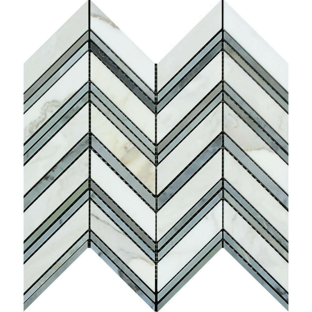 Calacatta Gold Marble Polished Large Chevron Mosaic Tile w/ Blue-Gray Marble Strips Calacatta Gold Marble Polished Large Chevron Mosaic Tile w/ Blue-Gray Marble Strips - American Tile Depot