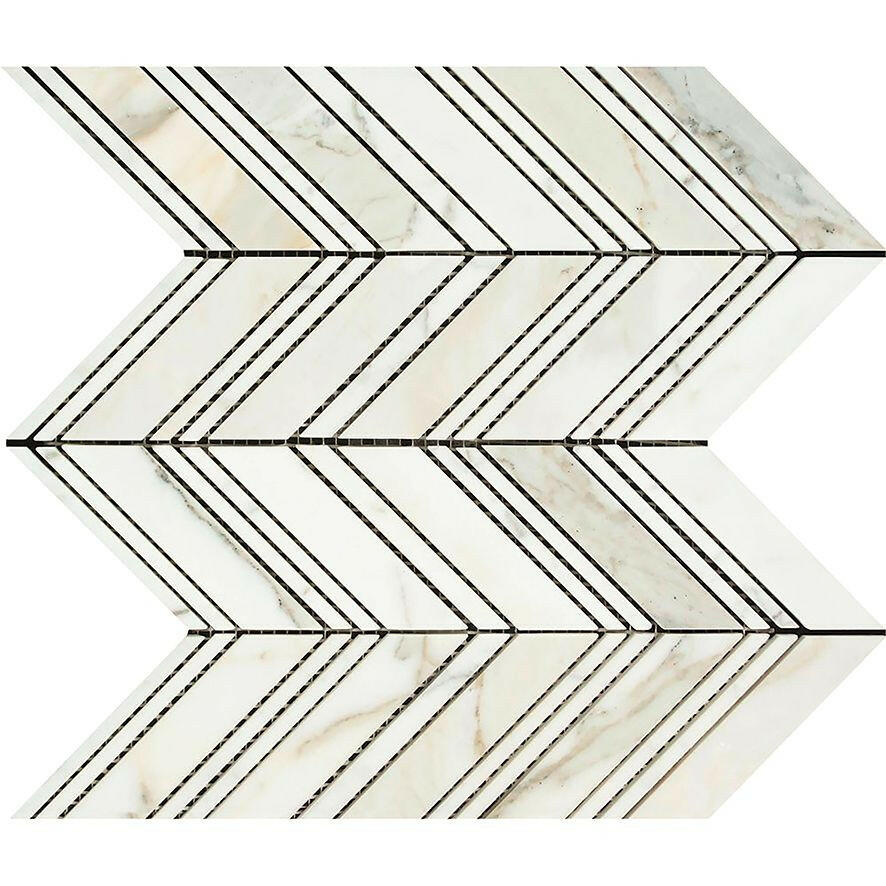 Calacatta Gold Marble Polished Large Chevron Mosaic Tile w/ Calacatta Marble Strips Calacatta Gold Marble Polished Large Chevron Mosaic Tile w/ Calacatta Marble Strips - American Tile Depot