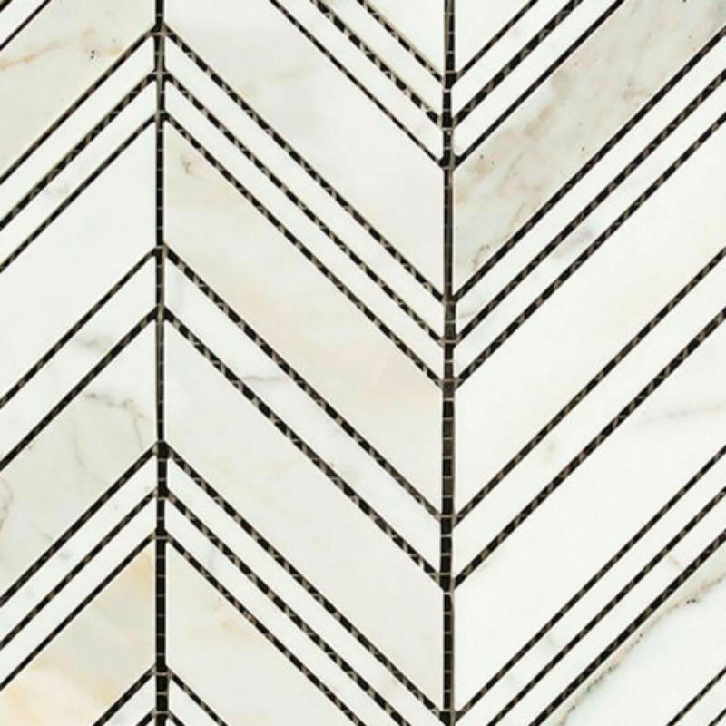 Calacatta Gold Marble Polished Large Chevron Mosaic Tile w/ Calacatta Marble Strips Calacatta Gold Marble Polished Large Chevron Mosaic Tile w/ Calacatta Marble Strips - American Tile Depot