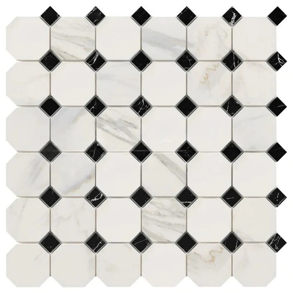 Calacatta Gold Marble Polished Octagon Mosaic Tile w/ Black Dots Calacatta Gold Marble Polished Octagon Mosaic Tile w/ Black Dots - American Tile Depot