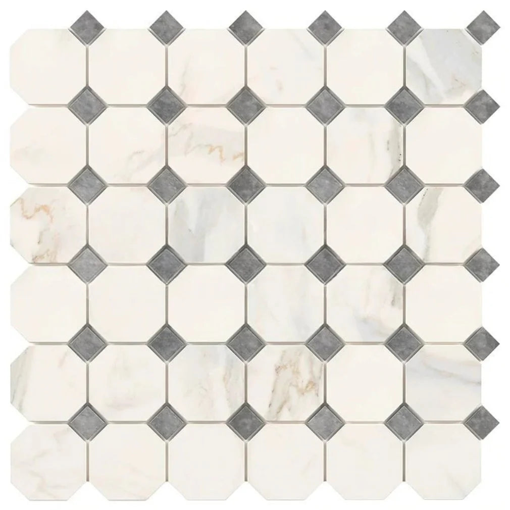 Calacatta Gold Marble Polished Octagon Mosaic Tile w/ Blue-Gray Dots Calacatta Gold Marble Polished Octagon Mosaic Tile w/ Blue-Gray Dots - American Tile Depot