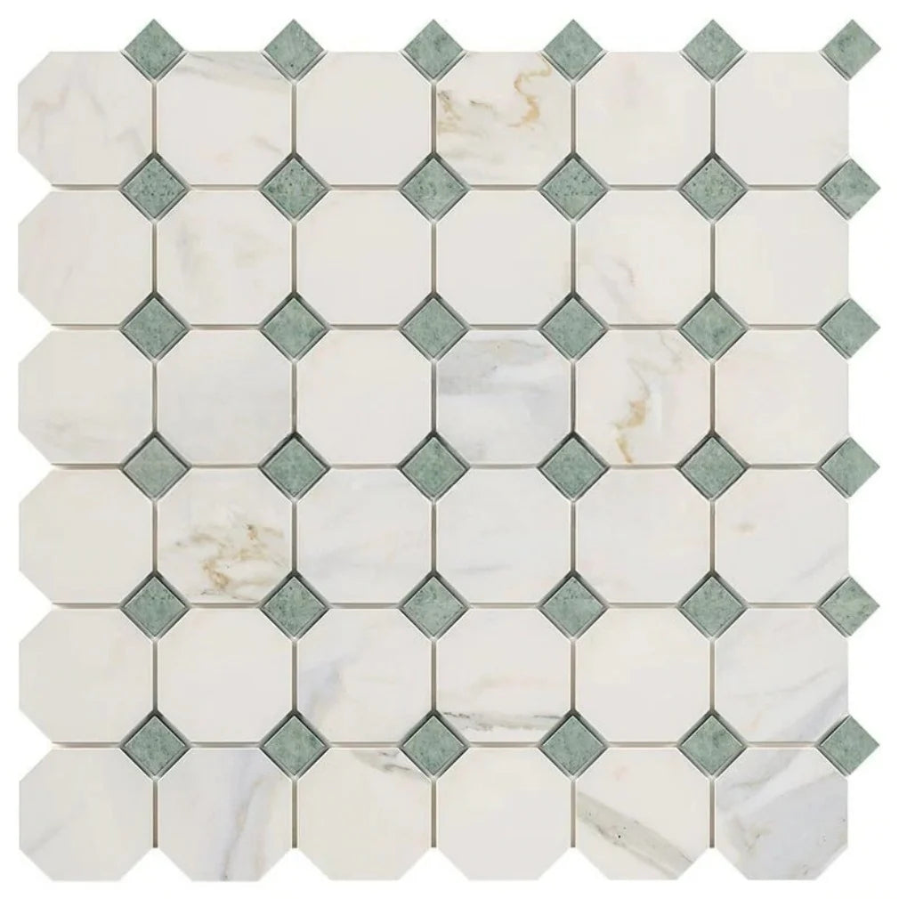 Calacatta Gold Marble Polished Octagon Mosaic Tile w/ Ming Green Dots Calacatta Gold Marble Polished Octagon Mosaic Tile w/ Ming Green Dots - American Tile Depot
