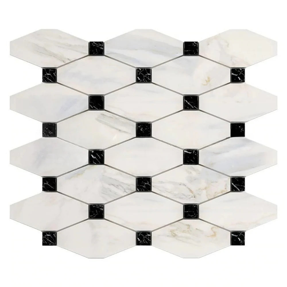 Calacatta Gold Marble Polished Octave Pattern Mosaic Tile w/ Black Dots Calacatta Gold Marble Polished Octave Pattern Mosaic Tile w/ Black Dots - American Tile Depot