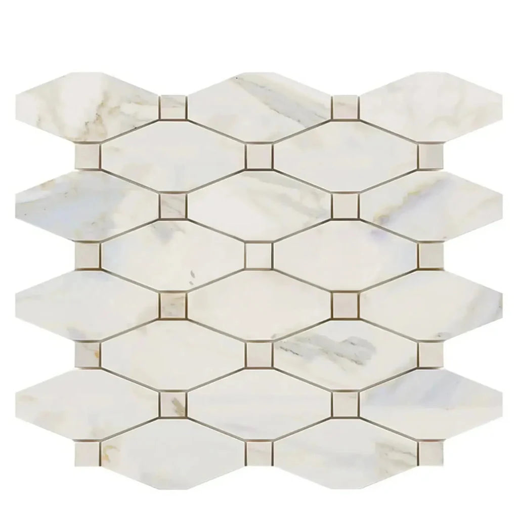 Calacatta Gold Marble Polished Octave Pattern Mosaic Tile w/ Calacatta Gold Dots Calacatta Gold Marble Polished Octave Pattern Mosaic Tile w/ Calacatta Gold Dots - American Tile Depot