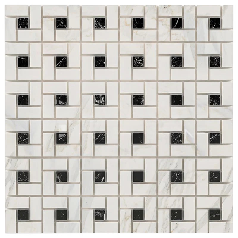 Calacatta Gold Marble Polished Pinwheel Mosaic Tile w/ Black Dots Calacatta Gold Marble Polished Pinwheel Mosaic Tile w/ Black Dots - American Tile Depot