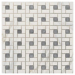Calacatta Gold Marble Polished Pinwheel Mosaic Tile w/ Blue-Gray Dots Calacatta Gold Marble Polished Pinwheel Mosaic Tile w/ Blue-Gray Dots - American Tile Depot