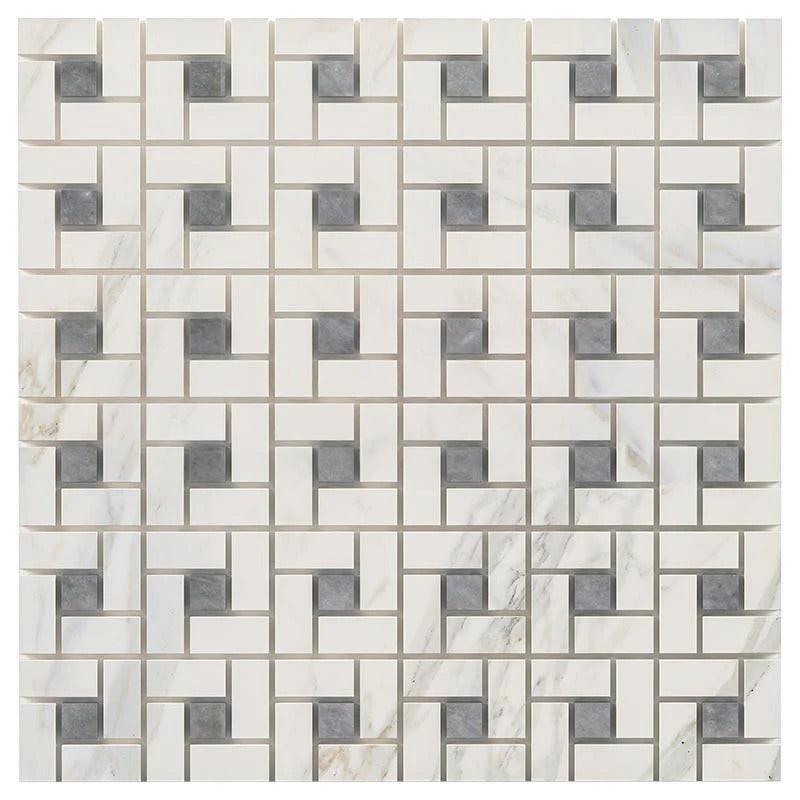 Calacatta Gold Marble Polished Pinwheel Mosaic Tile w/ Blue-Gray Dots Calacatta Gold Marble Polished Pinwheel Mosaic Tile w/ Blue-Gray Dots - American Tile Depot