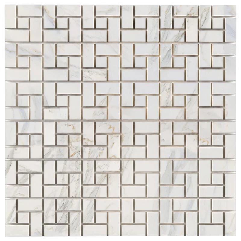 Calacatta Gold Marble Polished Pinwheel Mosaic Tile w/ Calacatta Gold Dots Calacatta Gold Marble Polished Pinwheel Mosaic Tile w/ Calacatta Gold Dots - American Tile Depot