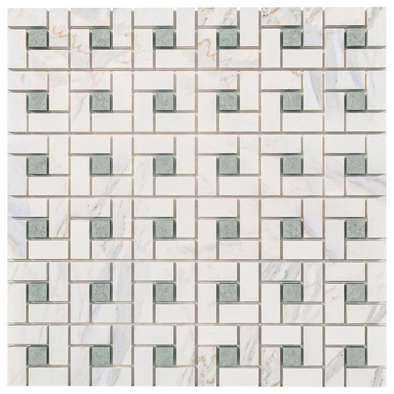 Calacatta Gold Marble Polished Pinwheel Mosaic Tile w/ Ming Green Dots Calacatta Gold Marble Polished Pinwheel Mosaic Tile w/ Ming Green Dots - American Tile Depot