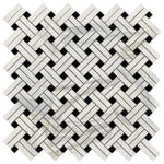 Calacatta Gold Marble Polished Stanza Basketweave Mosaic Tile w/ Black Dots Calacatta Gold Marble Polished Stanza Basketweave Mosaic Tile w/ Black Dots - American Tile Depot