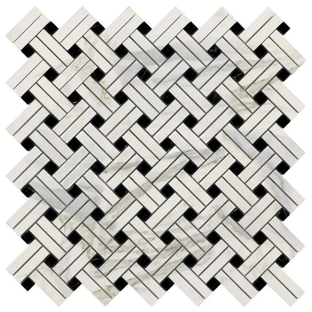 Calacatta Gold Marble Polished Stanza Basketweave Mosaic Tile w/ Black Dots Calacatta Gold Marble Polished Stanza Basketweave Mosaic Tile w/ Black Dots - American Tile Depot