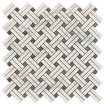 Calacatta Gold Marble Polished Stanza Basketweave Mosaic Tile w/ Blue-Gray Dots Calacatta Gold Marble Polished Stanza Basketweave Mosaic Tile w/ Blue-Gray Dots - American Tile Depot