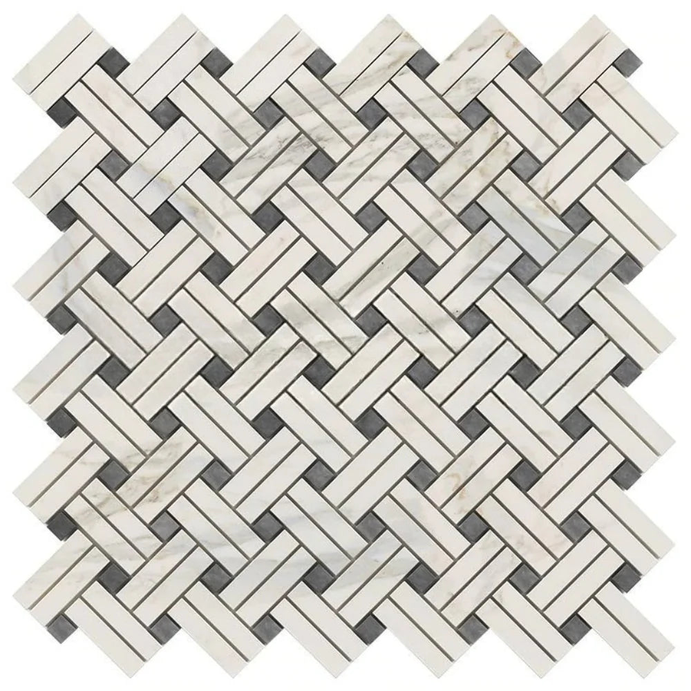 Calacatta Gold Marble Polished Stanza Basketweave Mosaic Tile w/ Blue-Gray Dots Calacatta Gold Marble Polished Stanza Basketweave Mosaic Tile w/ Blue-Gray Dots - American Tile Depot
