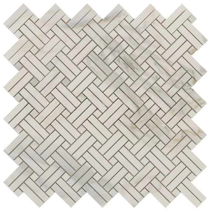 Calacatta Gold Marble Polished Stanza Basketweave Mosaic Tile w/ Calacatta Gold Dots Calacatta Gold Marble Polished Stanza Basketweave Mosaic Tile w/ Calacatta Gold Dots - American Tile Depot