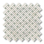 Calacatta Gold Marble Polished Stanza Basketweave Mosaic Tile w/ Ming Green Dots - American Tile Depot