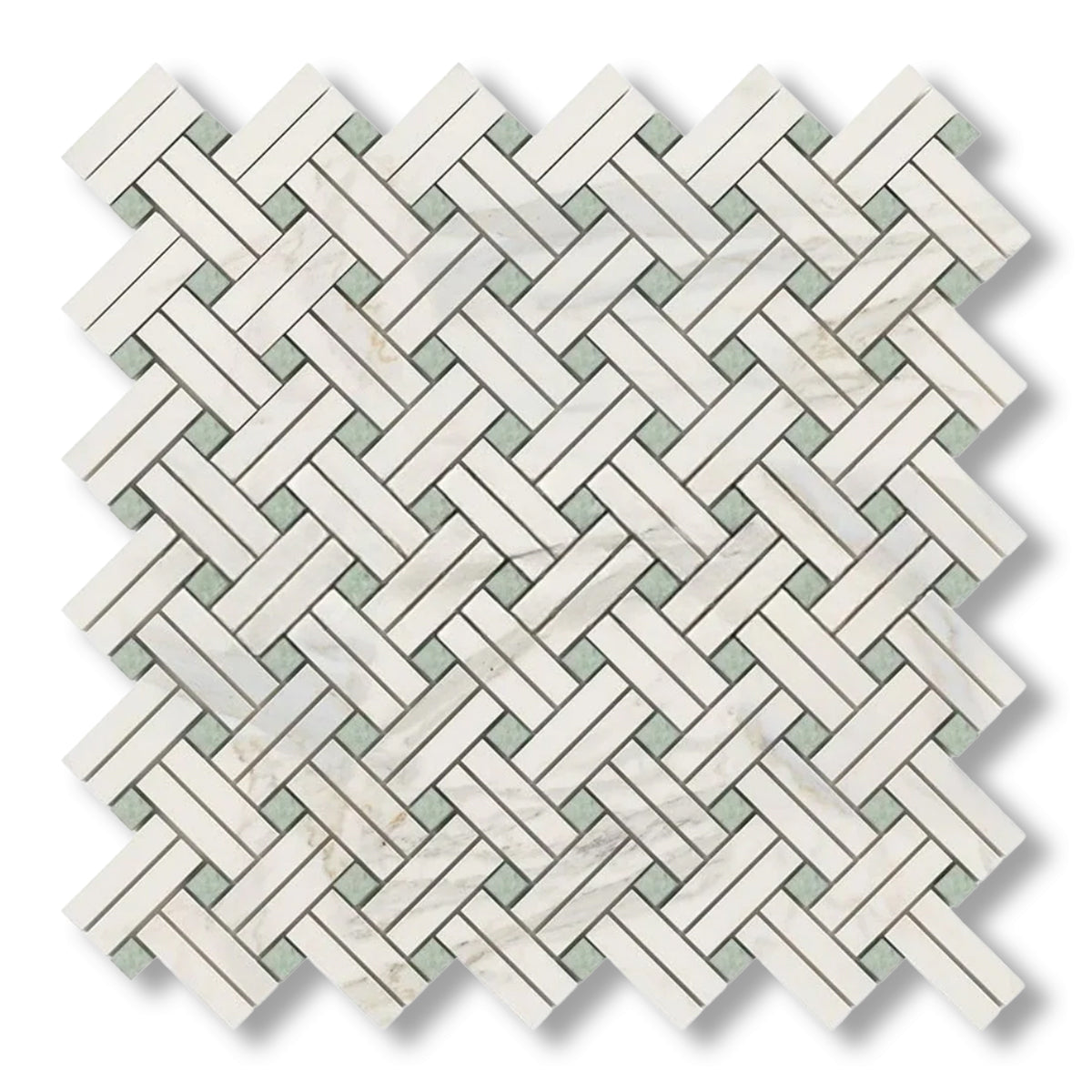 Calacatta Gold Marble Polished Stanza Basketweave Mosaic Tile w/ Ming Green Dots - American Tile Depot