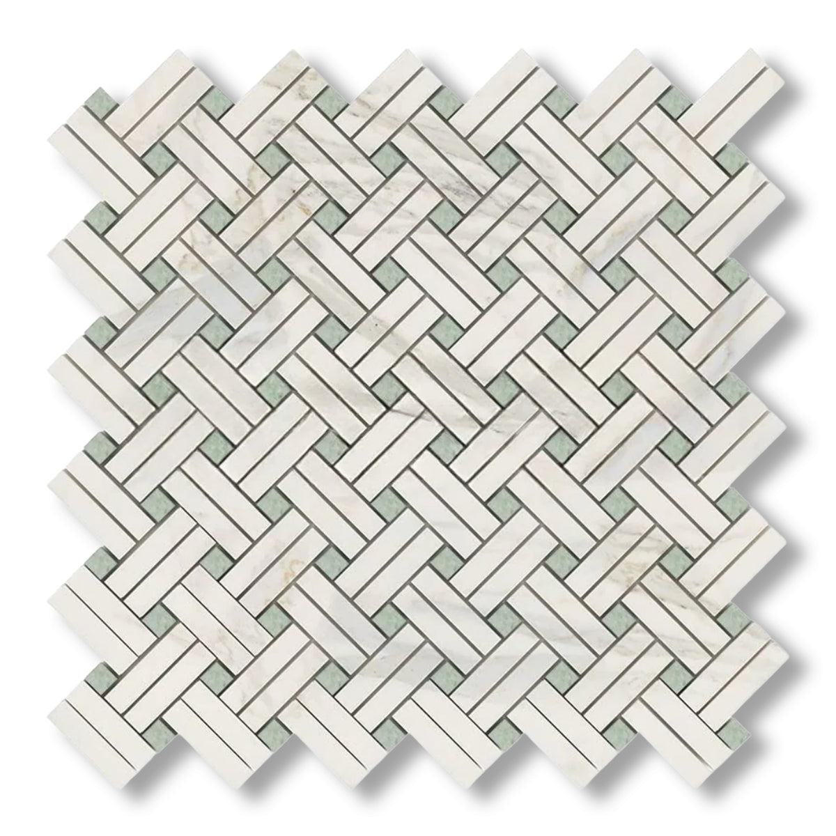 Calacatta Gold Marble Polished Stanza Basketweave Mosaic Tile w/ Ming Green Dots - American Tile Depot