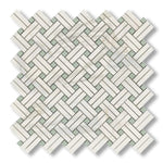 Calacatta Gold Marble Polished Stanza Basketweave Mosaic Tile w/ Ming Green Dots - American Tile Depot