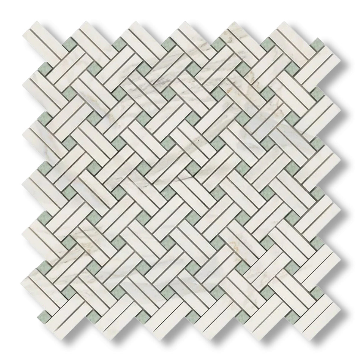 Calacatta Gold Marble Polished Stanza Basketweave Mosaic Tile w/ Ming Green Dots - American Tile Depot