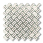 Calacatta Gold Marble Polished Stanza Basketweave Mosaic Tile w/ Ming Green Dots - American Tile Depot