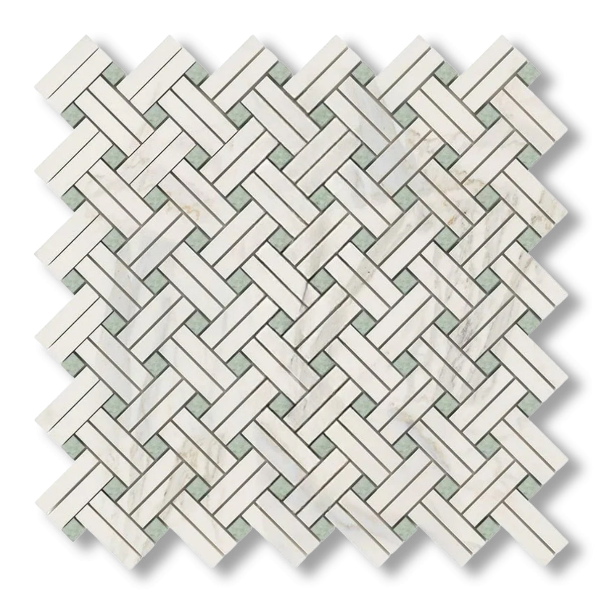 Calacatta Gold Marble Polished Stanza Basketweave Mosaic Tile w/ Ming Green Dots - American Tile Depot