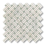 Calacatta Gold Marble Polished Stanza Basketweave Mosaic Tile w/ Ming Green Dots - American Tile Depot