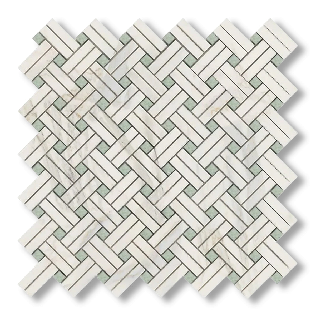 Calacatta Gold Marble Polished Stanza Basketweave Mosaic Tile w/ Ming Green Dots - American Tile Depot