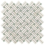 Calacatta Gold Marble Polished Stanza Basketweave Mosaic Tile w/ Ming Green Dots Calacatta Gold Marble Polished Stanza Basketweave Mosaic Tile w/ Ming Green Dots - American Tile Depot