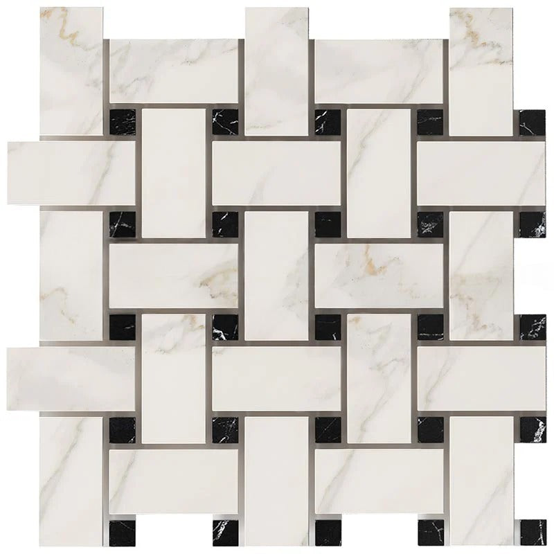 Calacatta Gold Marble Polished Large Basketweave Mosaic Tile w/ Black Dots